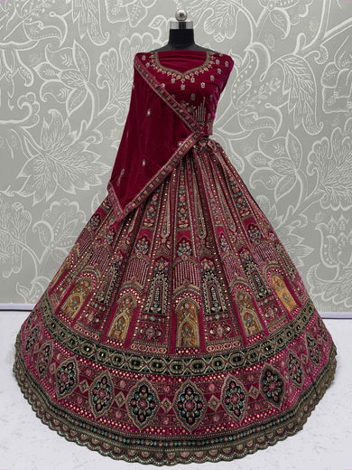 Dazzling Pink Velvet Zircon Work Bridal Lehenga With Double Dupatta